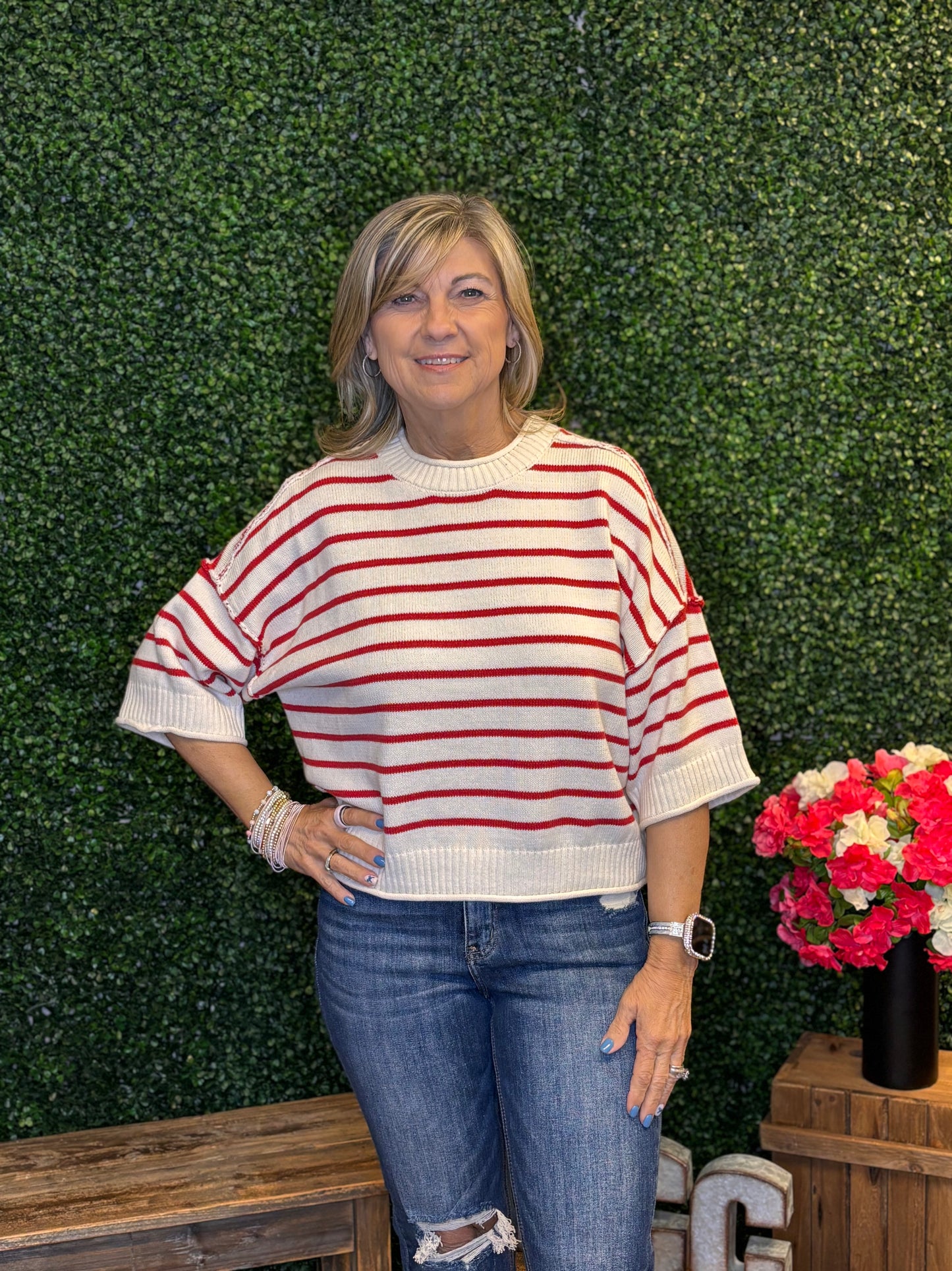 Relaxed Stripe Short Sleeve Sweater