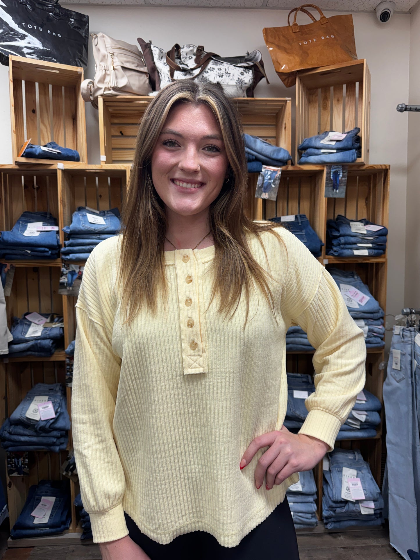 Hey There Ribbed Henley Sweater Top
