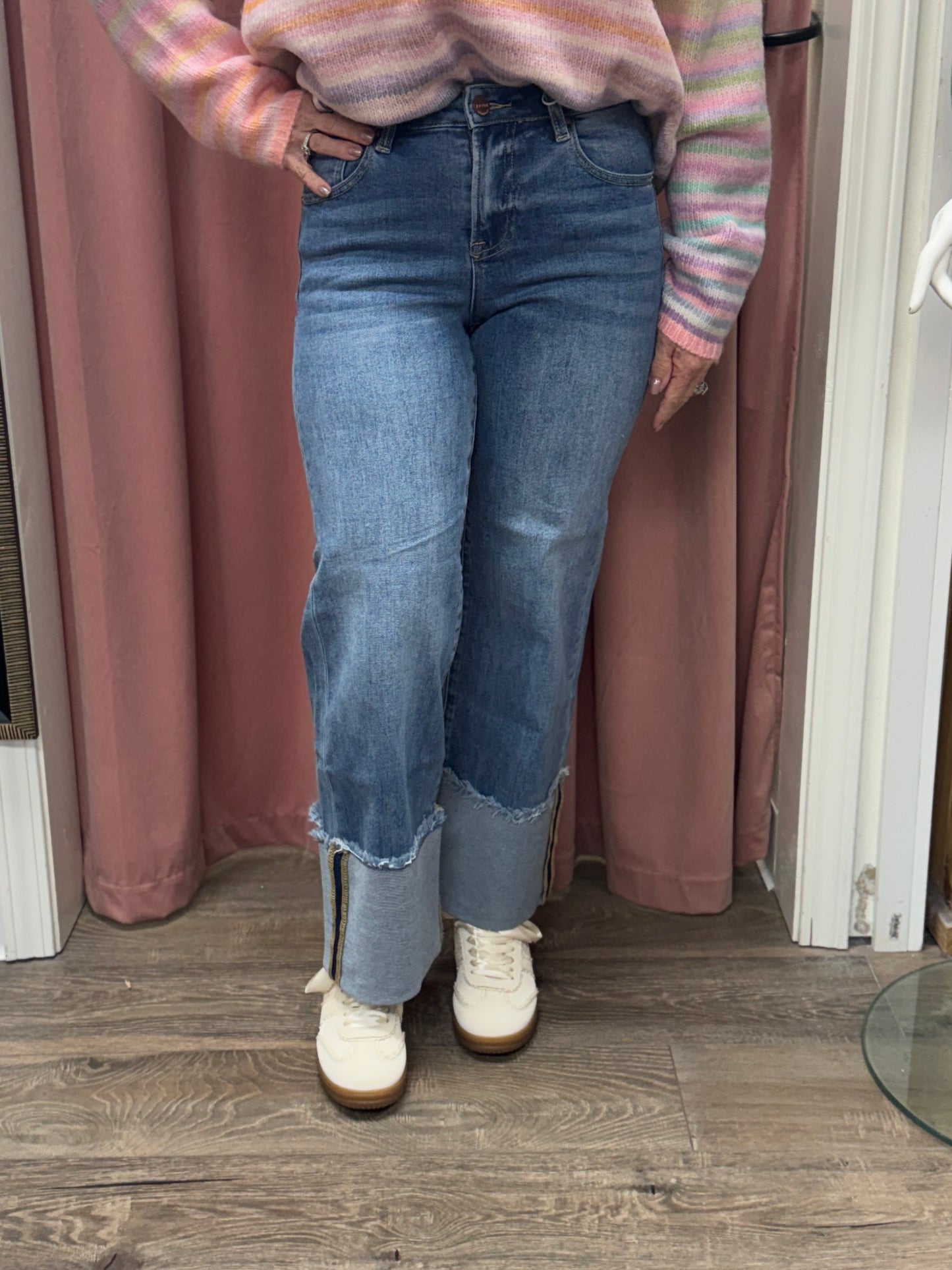 Paisley Mid Rise Crop Wide Cuffed Jeans