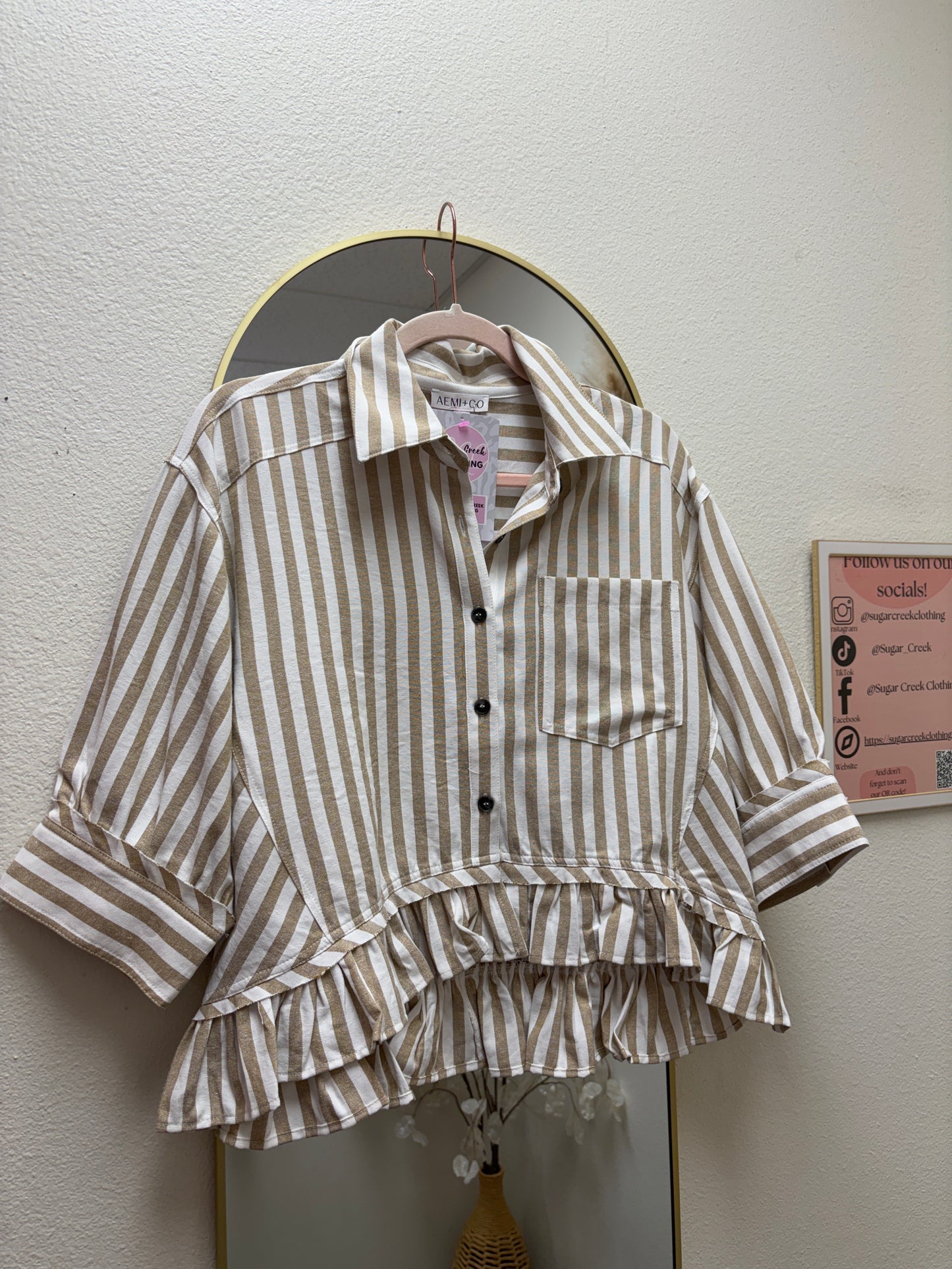 Oat Milk Striped Ruffle Top