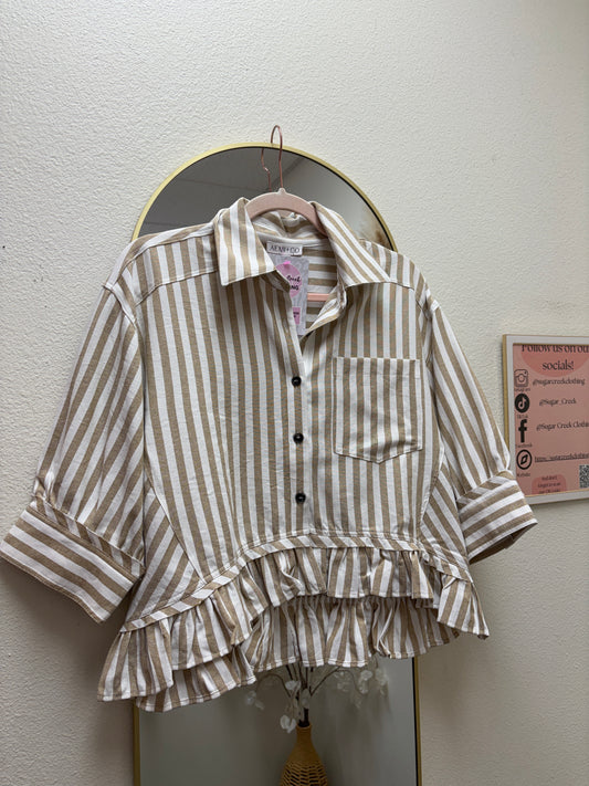 Oat Milk Striped Ruffle Top