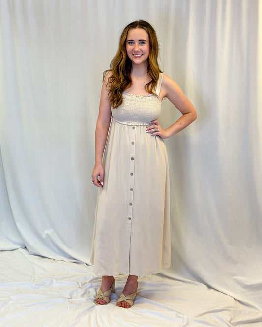 Smocked Linen Midi Dress