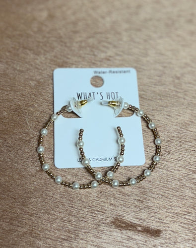 Gold and Pearl Beaded Hoop Earrings