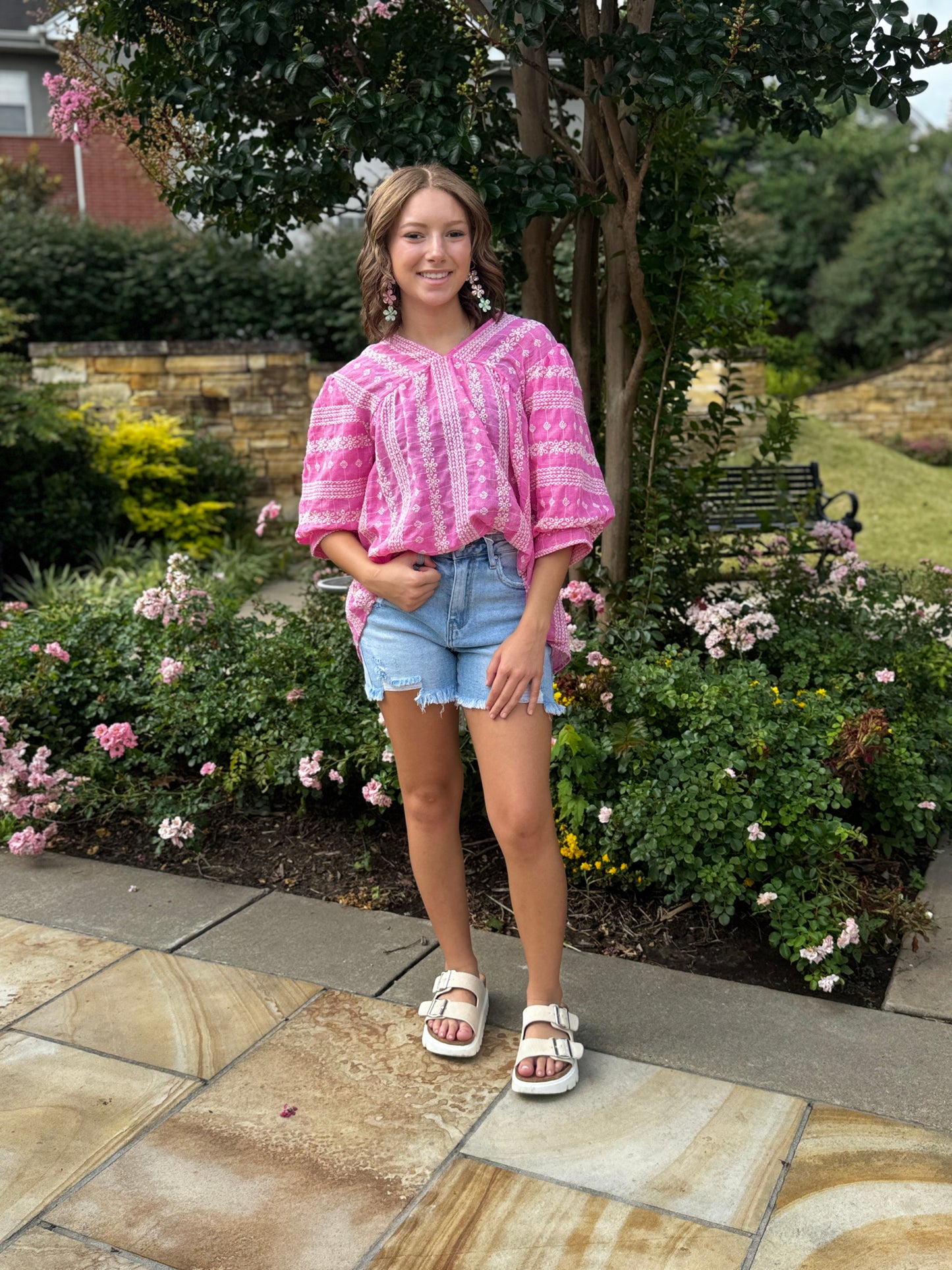 Embroidered Eyelet Split Neck Top