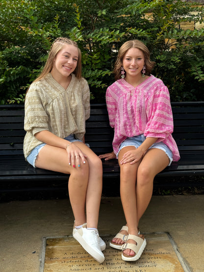 Embroidered Eyelet Split Neck Top