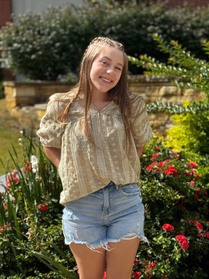 Embroidered Eyelet Split Neck Top