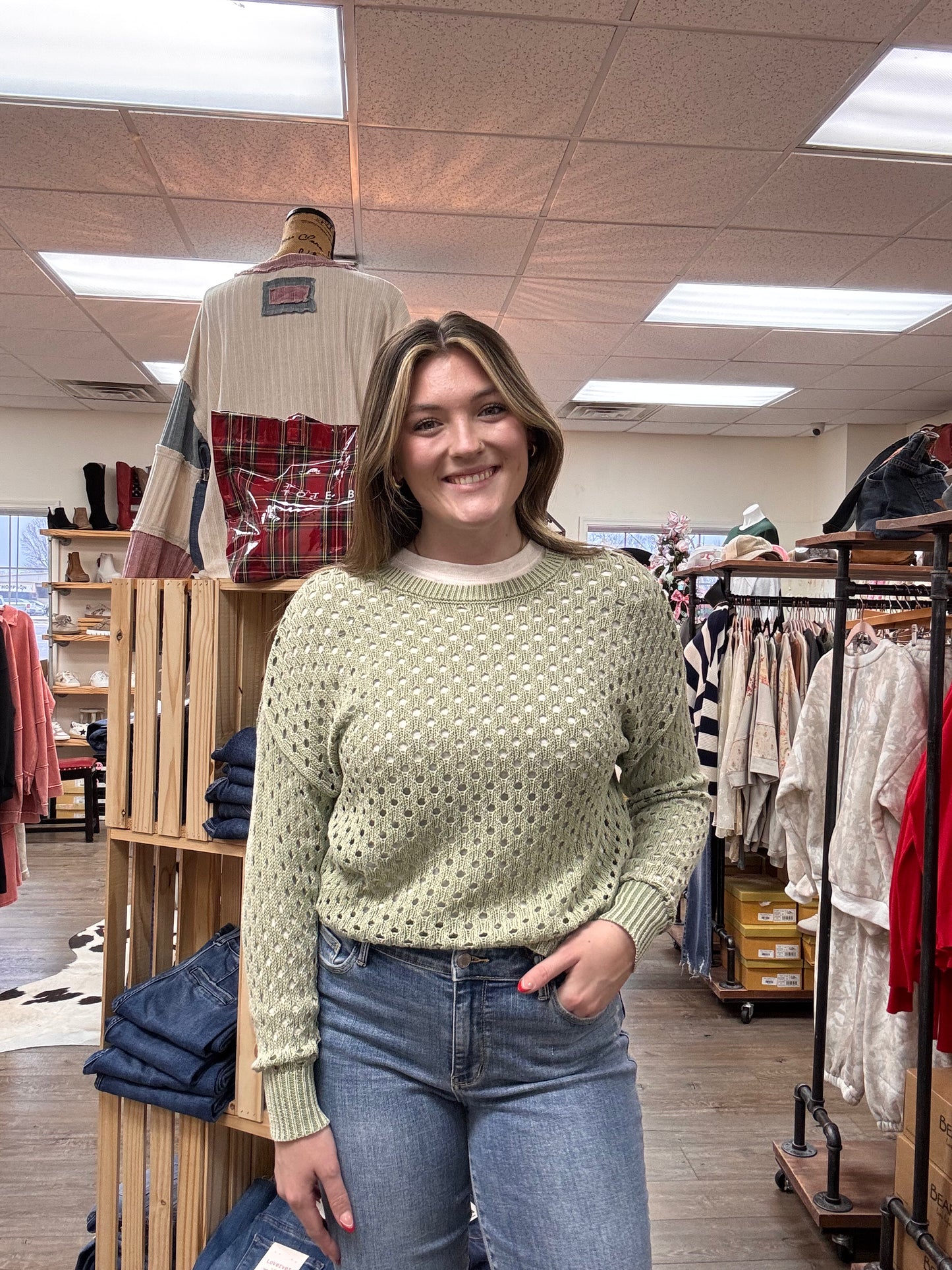 Green Tea Open Knit Sweater