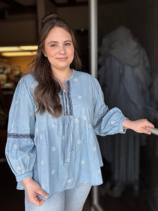 Divine Denim Embroidered Top