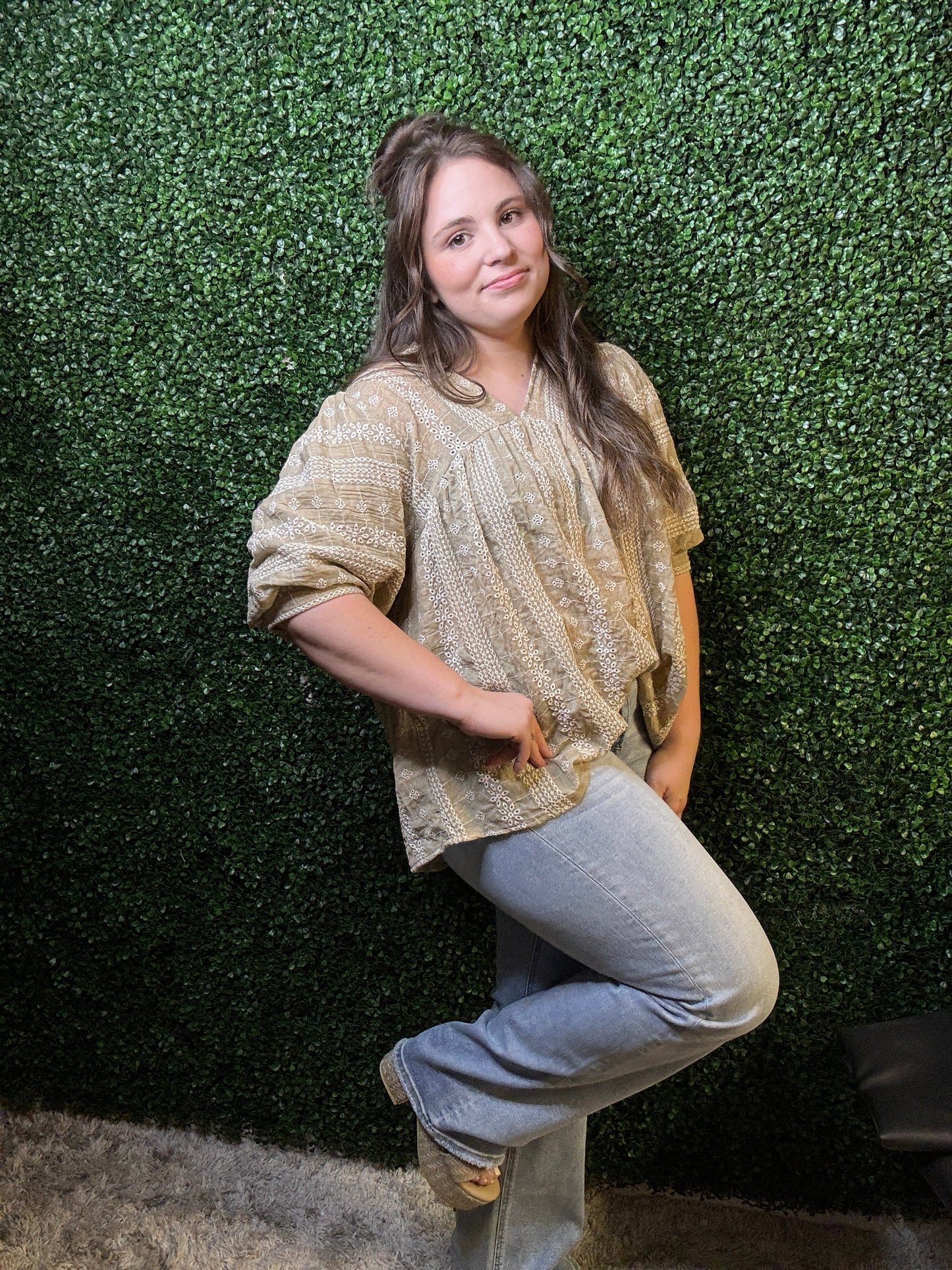 Embroidered Eyelet Split Neck Top