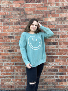 Smiley Face Printed Mineral Washed Sweatshirt