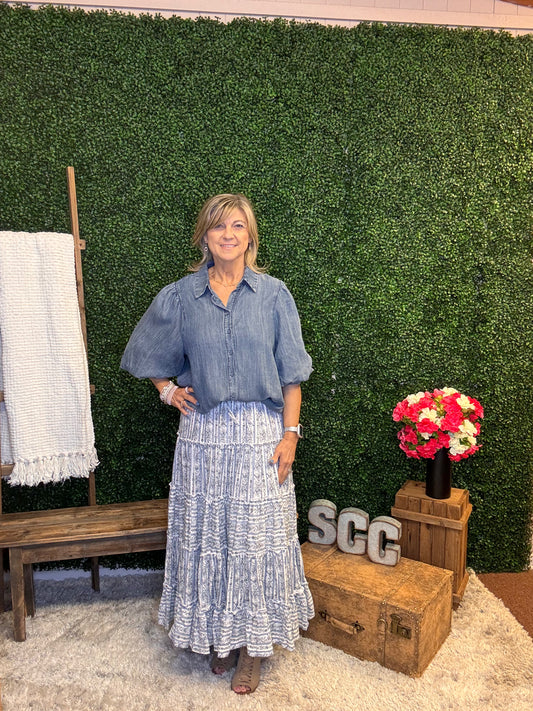 Washed Denim Button Up Top