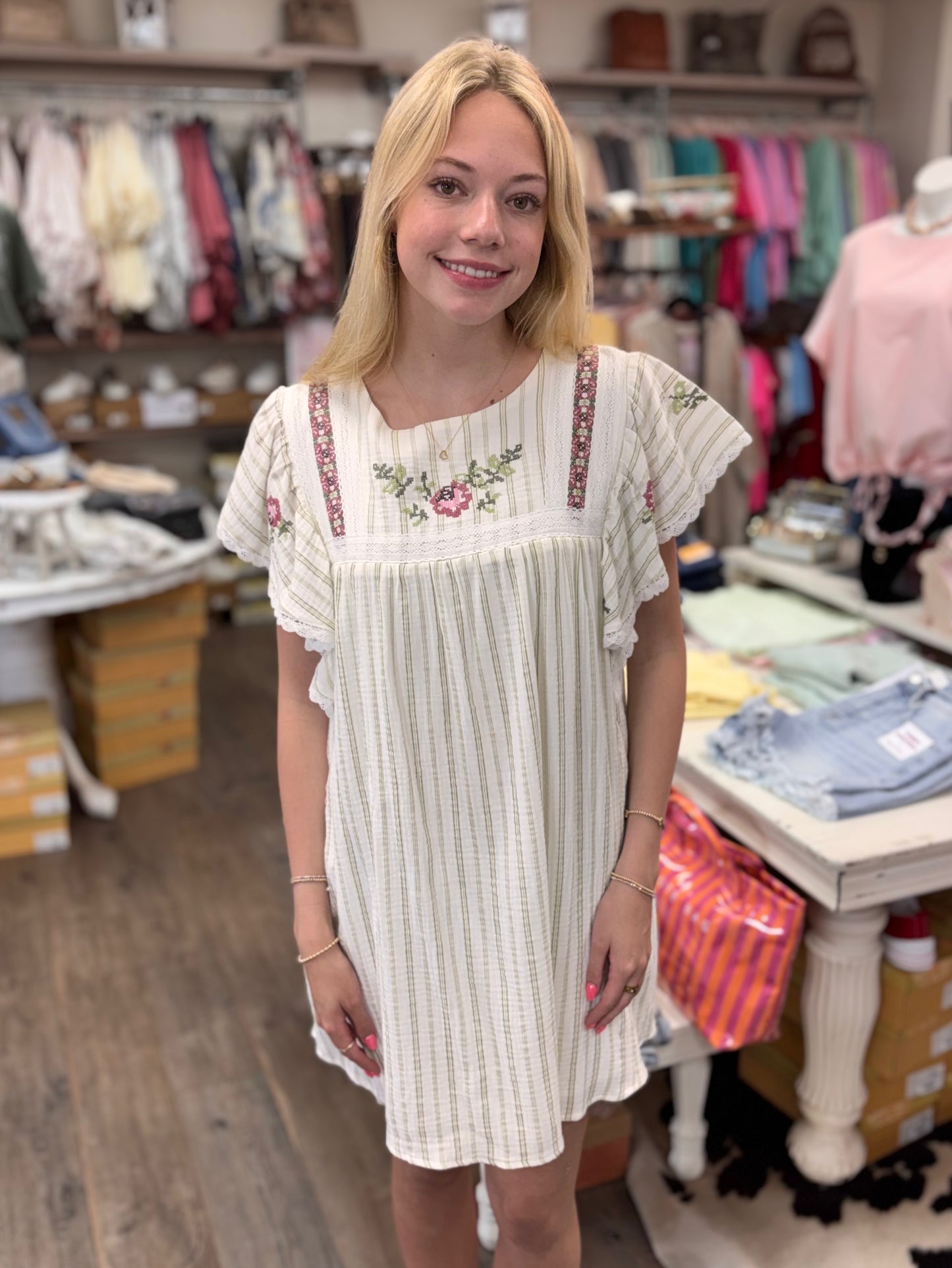 Embroidery Striped Cotton Dress