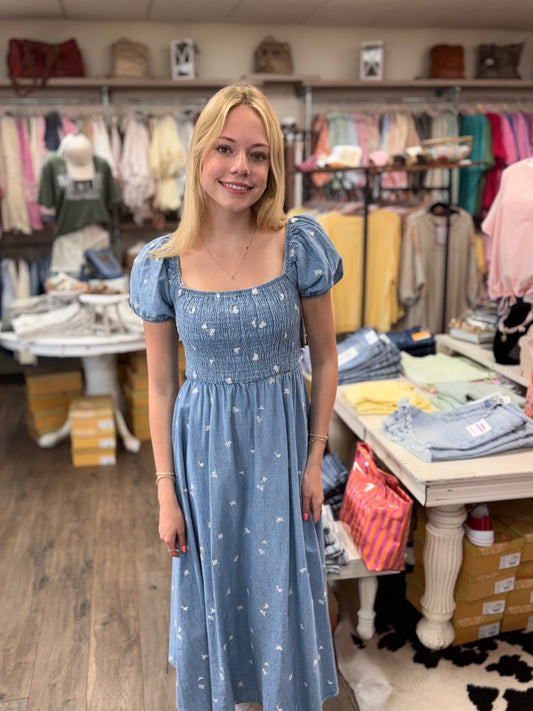 Cottage Stitch Denim Midi Dress