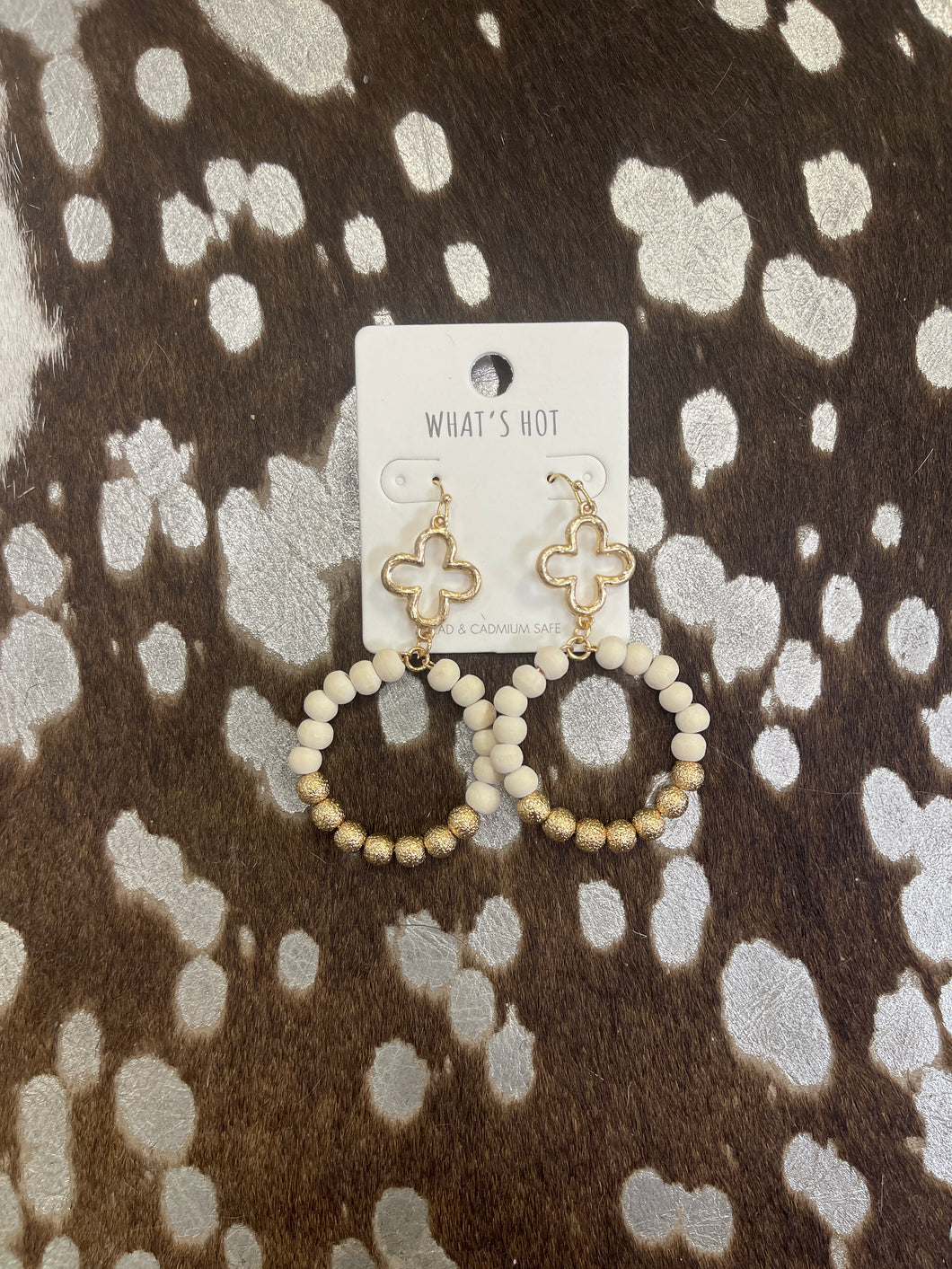 Gold Clover White Wood Earrings