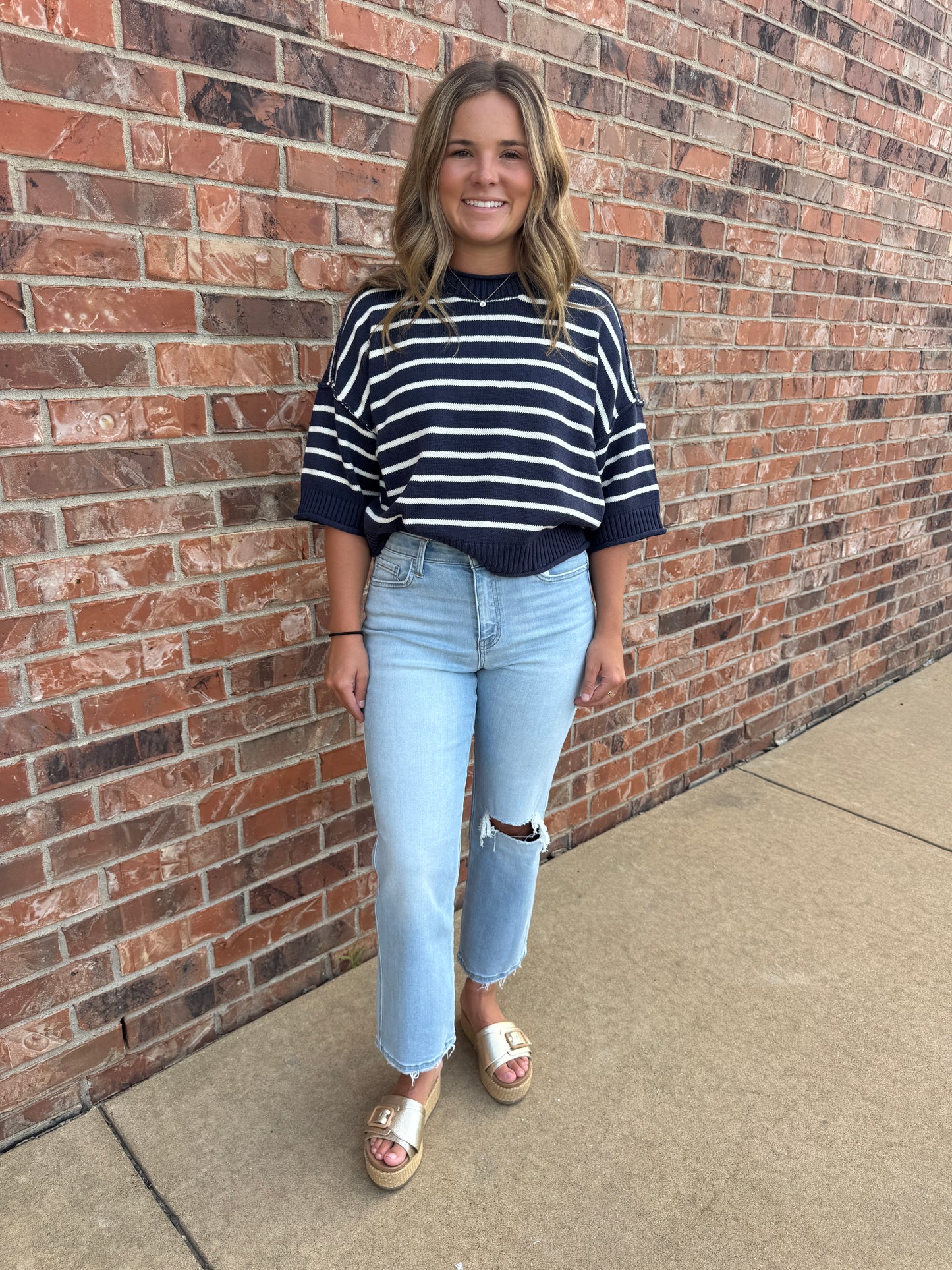 Relaxed Stripe Short Sleeve Sweater