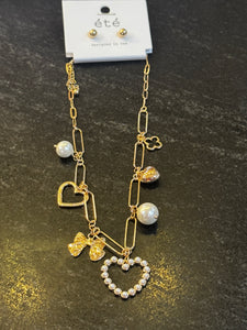 Gold Pearl Heart Charm Necklace