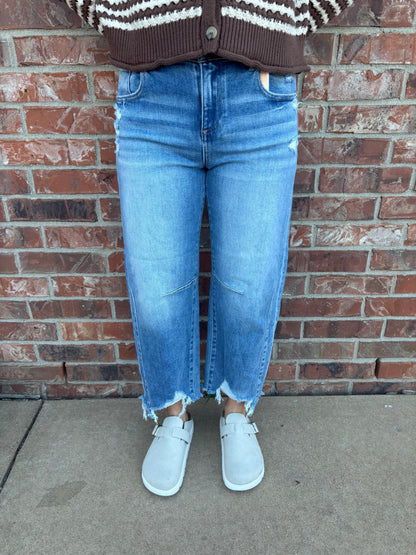 Presley Crop Barrel Distressed Hem Jeans