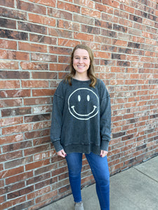 Smiley Face Printed Mineral Washed Sweatshirt